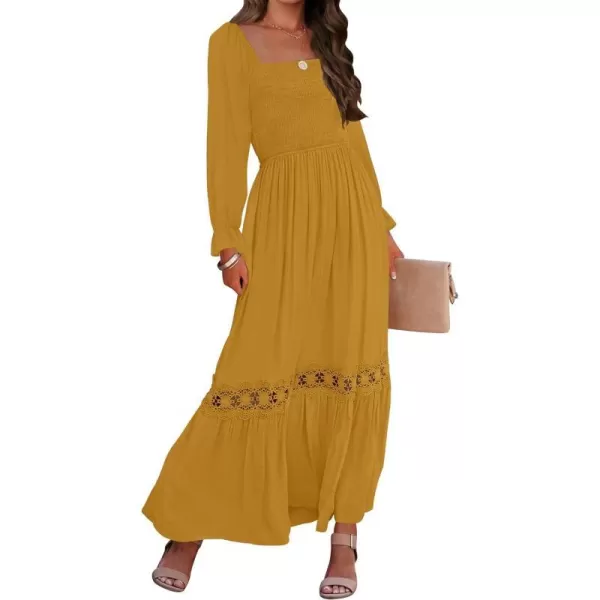 imageZESICA Womens 2024 Boho Long Sleeve Square Neck Smocked High Waist Flowy A Line Lace Trim Maxi DressGinger