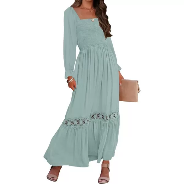 imageZESICA Womens 2024 Boho Long Sleeve Square Neck Smocked High Waist Flowy A Line Lace Trim Maxi DressLightgreen
