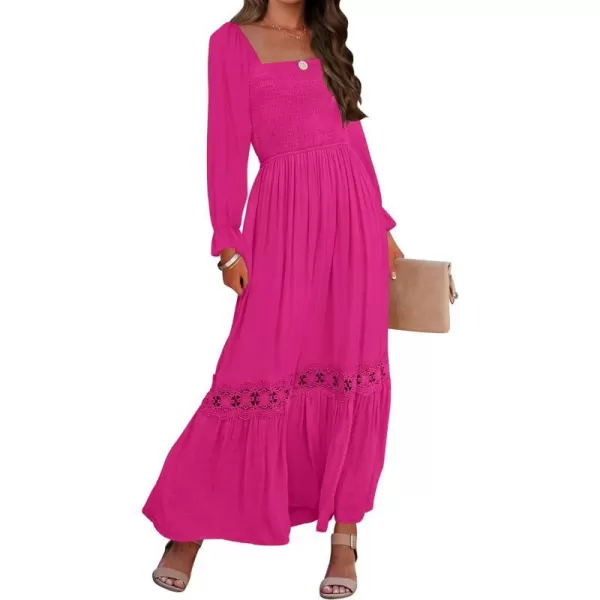 imageZESICA Womens 2024 Boho Long Sleeve Square Neck Smocked High Waist Flowy A Line Lace Trim Maxi DressRose