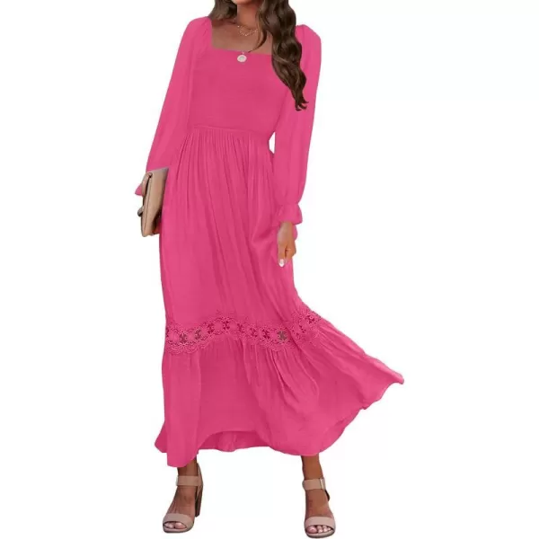 imageZESICA Womens 2024 Boho Long Sleeve Square Neck Smocked High Waist Flowy A Line Lace Trim Maxi DressRosepink