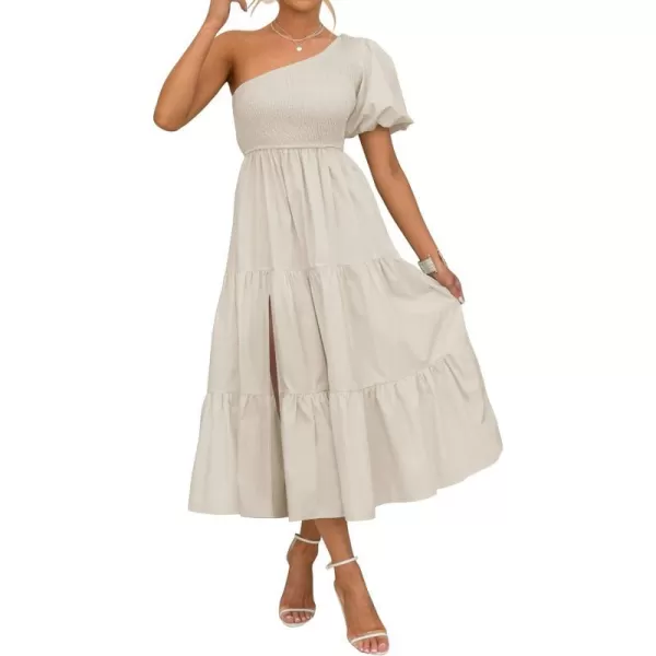 imageZESICA Womens 2024 Boho Summer One Shoulder Short Sleeve Smocked Side Split Ruffle Swing Midi DressApricot