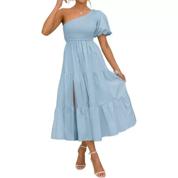 imageZESICA Womens 2024 Boho Summer One Shoulder Short Sleeve Smocked Side Split Ruffle Swing Midi DressLightblue