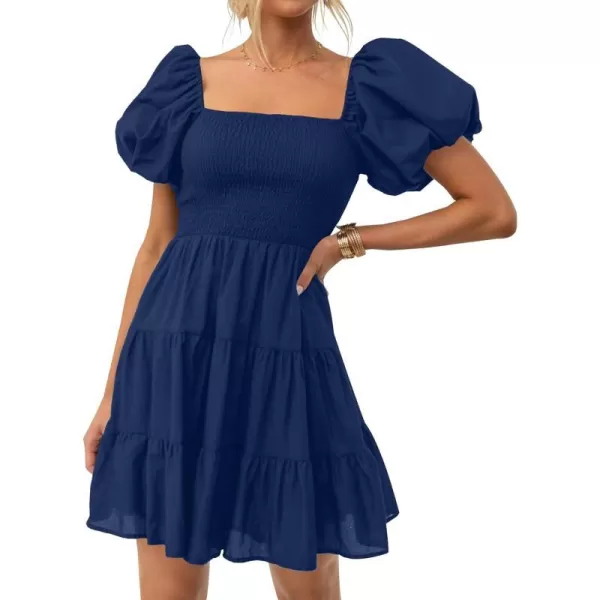 imageZESICA Womens 2024 Boho Summer Square Neck Puff Sleeve Off Shoulder Smocked Tiered Casual A Line Short Mini DressNavy