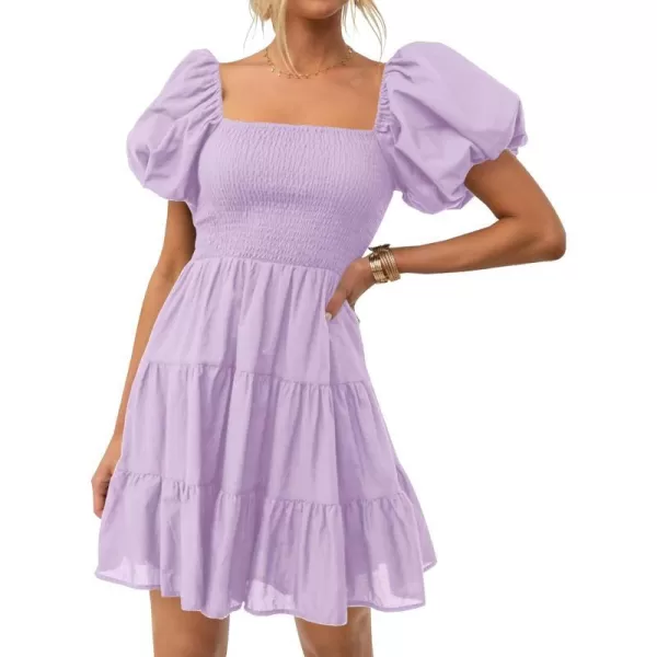 imageZESICA Womens 2024 Boho Summer Square Neck Puff Sleeve Off Shoulder Smocked Tiered Casual A Line Short Mini DressPurple