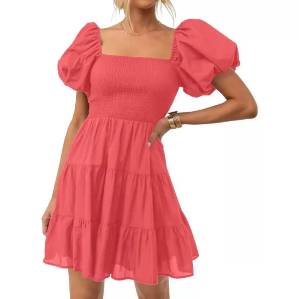 imageZESICA Womens 2024 Boho Summer Square Neck Puff Sleeve Off Shoulder Smocked Tiered Casual A Line Short Mini DressWatermelon