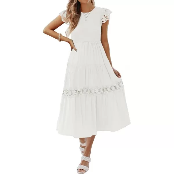 imageZESICA Womens 2024 Casual Crew Neck Flutter Sleeve Smocked High Waist Hollow Out Lace Trim Tiered A Line Midi DressIvory