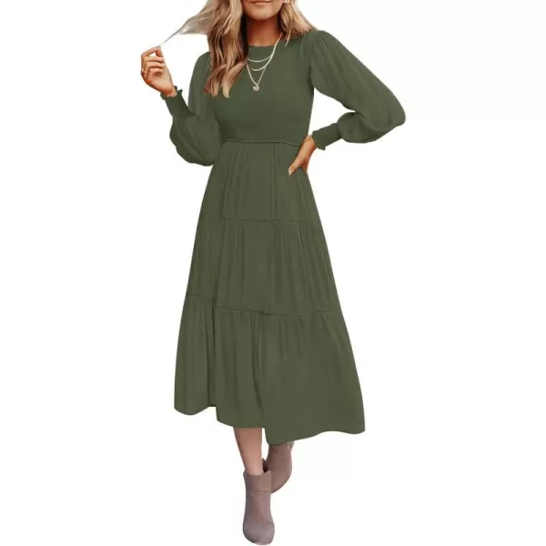 imageZESICA Womens 2024 Casual Long Sleeve Crew Neck High Waist Smocked Flowy Tiered Midi DressArmygreen