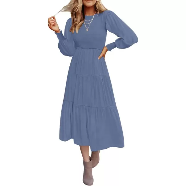 imageZESICA Womens 2024 Casual Long Sleeve Crew Neck High Waist Smocked Flowy Tiered Midi DressDustyblue