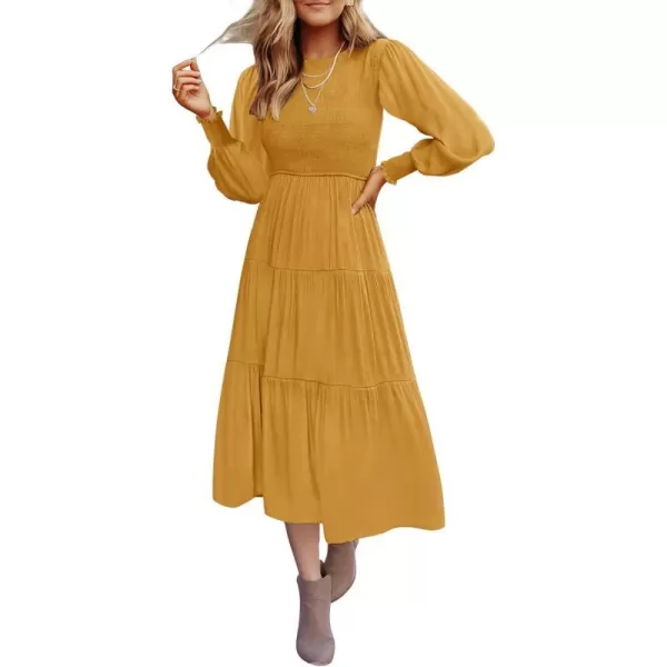 imageZESICA Womens 2024 Casual Long Sleeve Crew Neck High Waist Smocked Flowy Tiered Midi DressGinger