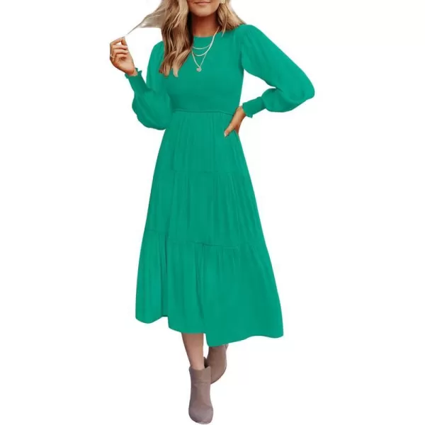 imageZESICA Womens 2024 Casual Long Sleeve Crew Neck High Waist Smocked Flowy Tiered Midi DressGreen