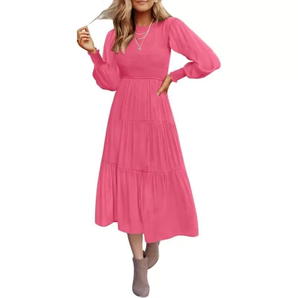 imageZESICA Womens 2024 Casual Long Sleeve Crew Neck High Waist Smocked Flowy Tiered Midi DressHotpink