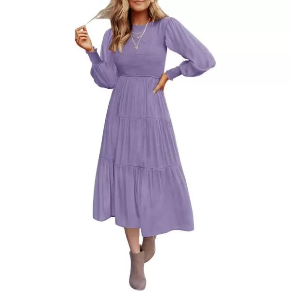 imageZESICA Womens 2024 Casual Long Sleeve Crew Neck High Waist Smocked Flowy Tiered Midi DressViolet