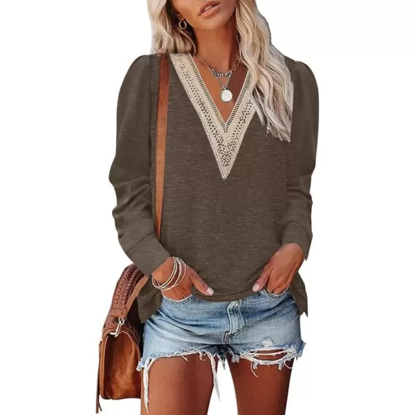 imageZESICA Womens 2024 Casual Long Sleeve T Shirts Lace V Neck Trendy Basic Tops Summer Fall Tee BlouseCoffee