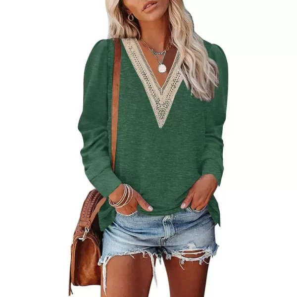 imageZESICA Womens 2024 Casual Long Sleeve T Shirts Lace V Neck Trendy Basic Tops Summer Fall Tee BlouseGreen