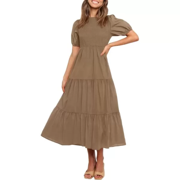 imageZESICA Womens 2024 Casual Summer Crew Neck Short Puff Sleeve Smocked High Waist Ruffle Tiered A Line Midi DressTan