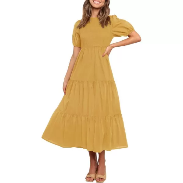 imageZESICA Womens 2024 Casual Summer Crew Neck Short Puff Sleeve Smocked High Waist Ruffle Tiered A Line Midi DressYellow