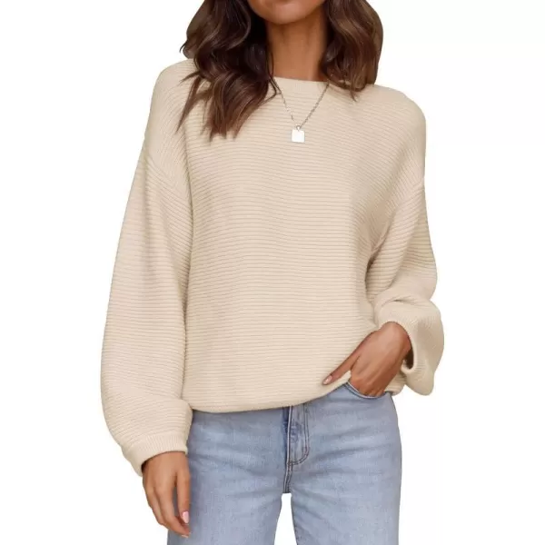 imageZESICA Womens 2024 Crew Neck Long Lantern Sleeve Casual Loose Ribbed Knit Solid Soft Pullover Sweater TopsApricot