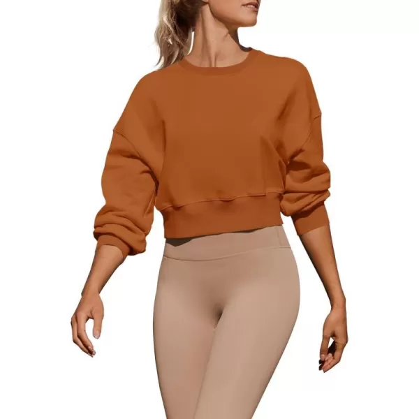 imageZESICA Womens 2024 Crop Sweatshirts Casual Long Sleeve Crewneck Solid Color Y2K Fleece Loose Pullover Sweatshirt TopsCaramel