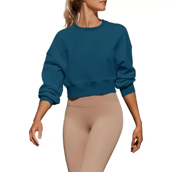 imageZESICA Womens 2024 Crop Sweatshirts Casual Long Sleeve Crewneck Solid Color Y2K Fleece Loose Pullover Sweatshirt TopsNavy
