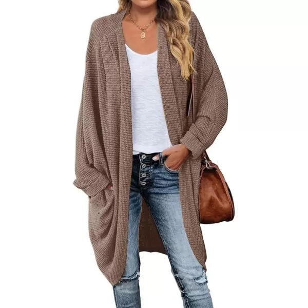 imageZESICA Womens 2024 Fall Casual Waffle Knit Solid Color Long Batwing Sleeve Oversized Open Front Sweater Cardigan CoatCaramel