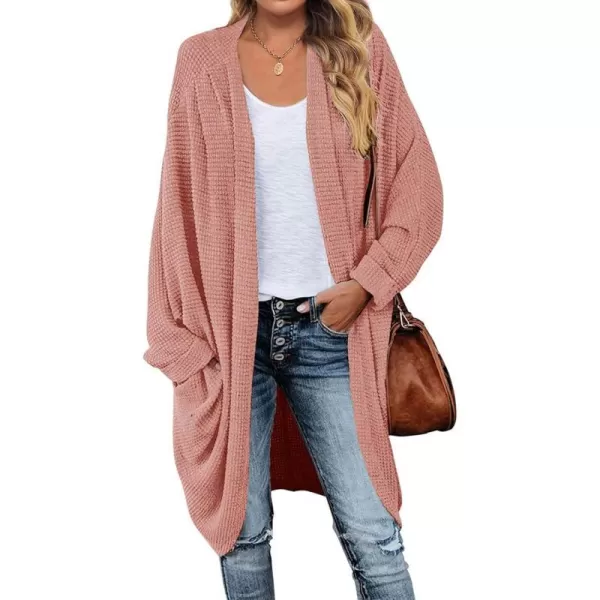 imageZESICA Womens 2024 Fall Casual Waffle Knit Solid Color Long Batwing Sleeve Oversized Open Front Sweater Cardigan CoatGrapefruit
