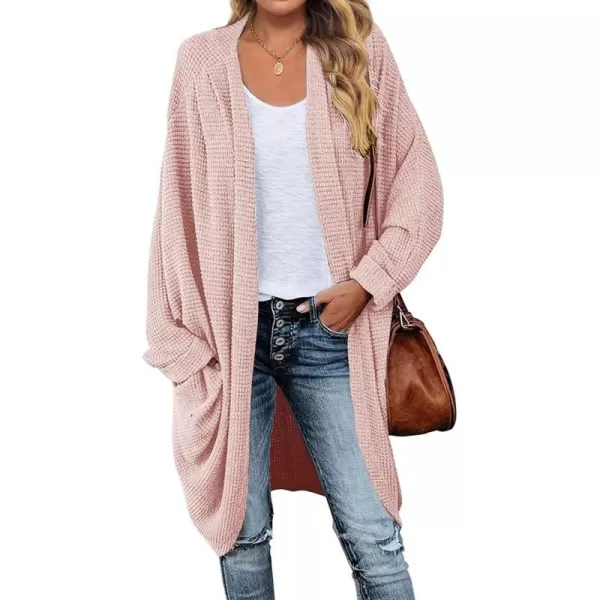 imageZESICA Womens 2024 Fall Casual Waffle Knit Solid Color Long Batwing Sleeve Oversized Open Front Sweater Cardigan CoatPink