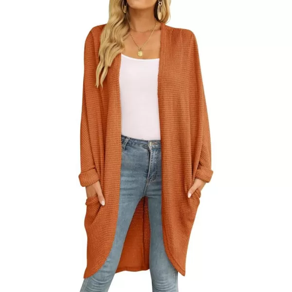 imageZESICA Womens 2024 Fall Casual Waffle Knit Solid Color Long Batwing Sleeve Oversized Open Front Sweater Cardigan CoatTan