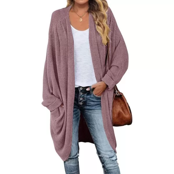imageZESICA Womens 2024 Fall Casual Waffle Knit Solid Color Long Batwing Sleeve Oversized Open Front Sweater Cardigan CoatTaro