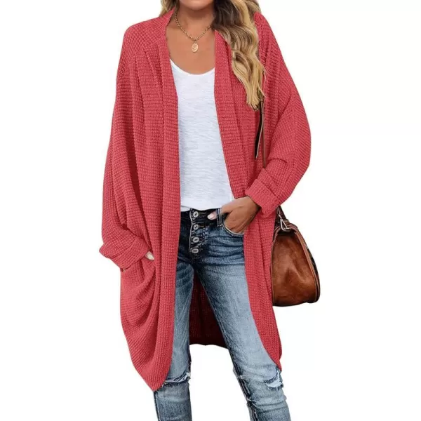 imageZESICA Womens 2024 Fall Casual Waffle Knit Solid Color Long Batwing Sleeve Oversized Open Front Sweater Cardigan CoatWatermelon