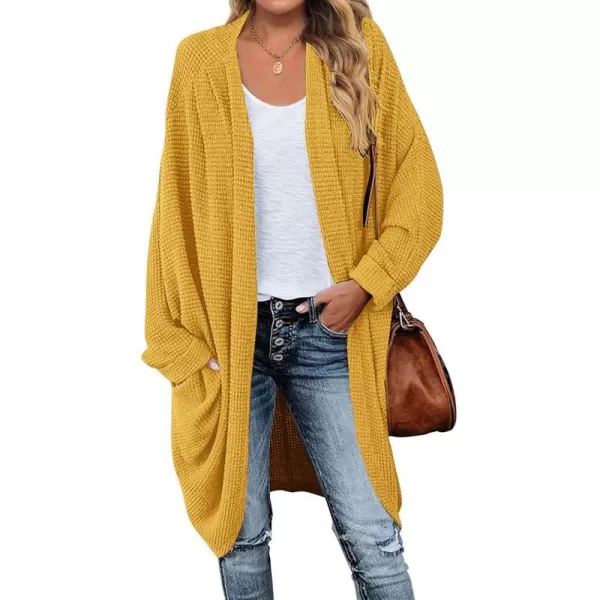 imageZESICA Womens 2024 Fall Casual Waffle Knit Solid Color Long Batwing Sleeve Oversized Open Front Sweater Cardigan CoatYellow