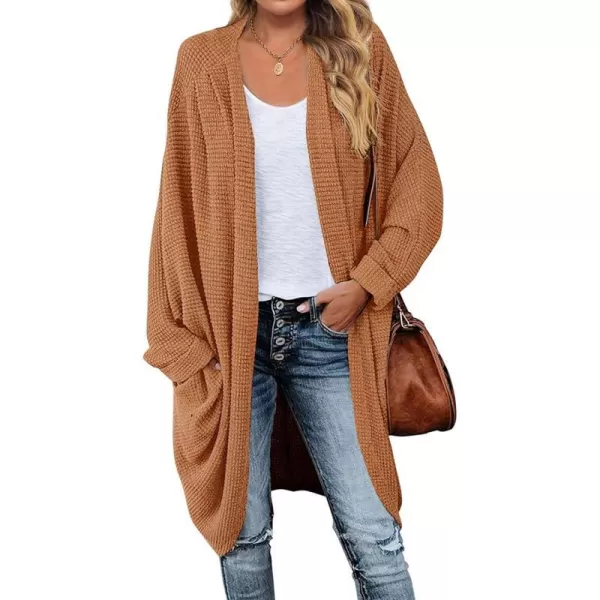 imageZESICA Womens 2024 Fall Casual Waffle Knit Solid Color Long Batwing Sleeve Oversized Open Front Sweater Cardigan CoatYellowbrown