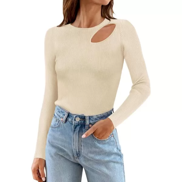 imageZESICA Womens 2024 Fall Fashion Long Sleeve Shirts Crewneck Cut Out Ribbed Knit Slim Fitted Sweater TopsApricot