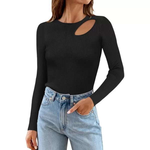 imageZESICA Womens 2024 Fall Fashion Long Sleeve Shirts Crewneck Cut Out Ribbed Knit Slim Fitted Sweater TopsBlack