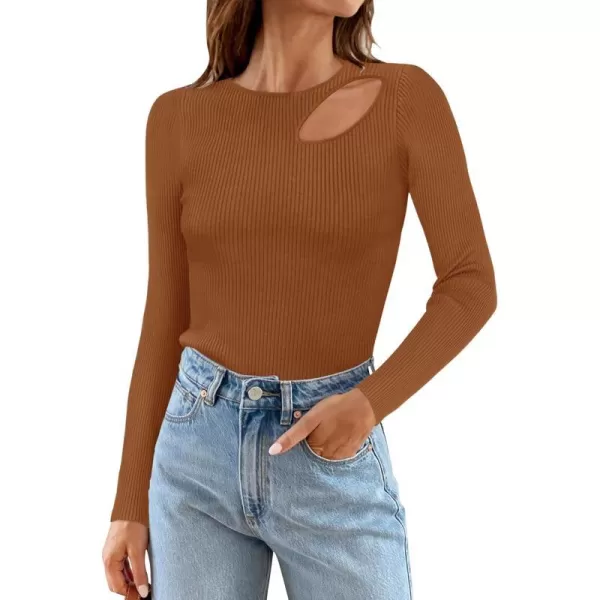 imageZESICA Womens 2024 Fall Fashion Long Sleeve Shirts Crewneck Cut Out Ribbed Knit Slim Fitted Sweater TopsBrown