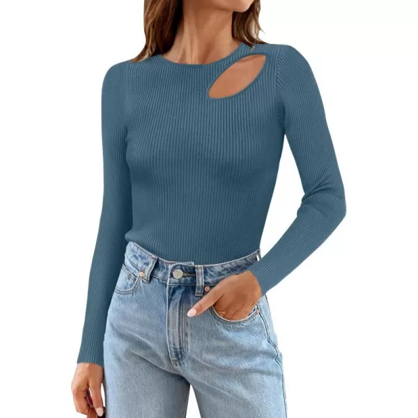 imageZESICA Womens 2024 Fall Fashion Long Sleeve Shirts Crewneck Cut Out Ribbed Knit Slim Fitted Sweater TopsDarkblue