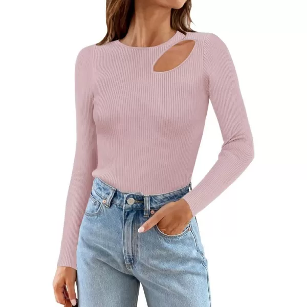 imageZESICA Womens 2024 Fall Fashion Long Sleeve Shirts Crewneck Cut Out Ribbed Knit Slim Fitted Sweater TopsDustypink