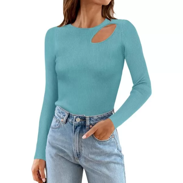 imageZESICA Womens 2024 Fall Fashion Long Sleeve Shirts Crewneck Cut Out Ribbed Knit Slim Fitted Sweater TopsLake