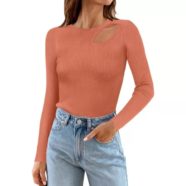 imageZESICA Womens 2024 Fall Fashion Long Sleeve Shirts Crewneck Cut Out Ribbed Knit Slim Fitted Sweater TopsOrange