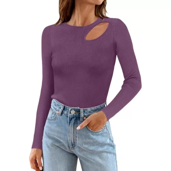 imageZESICA Womens 2024 Fall Fashion Long Sleeve Shirts Crewneck Cut Out Ribbed Knit Slim Fitted Sweater TopsPurple