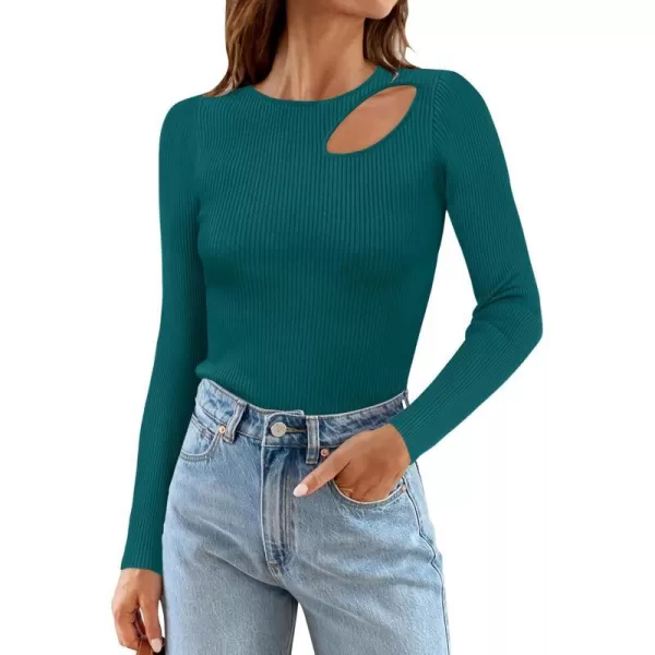 imageZESICA Womens 2024 Fall Fashion Long Sleeve Shirts Crewneck Cut Out Ribbed Knit Slim Fitted Sweater TopsTeal