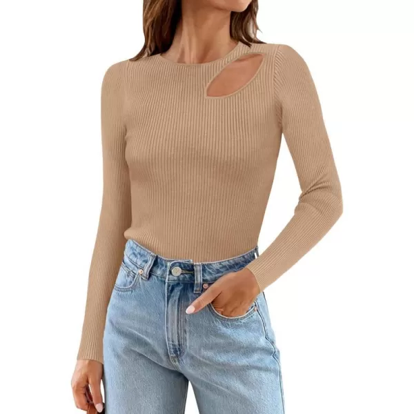 imageZESICA Womens 2024 Fall Fashion Long Sleeve Shirts Crewneck Cut Out Ribbed Knit Slim Fitted Sweater TopsToffee