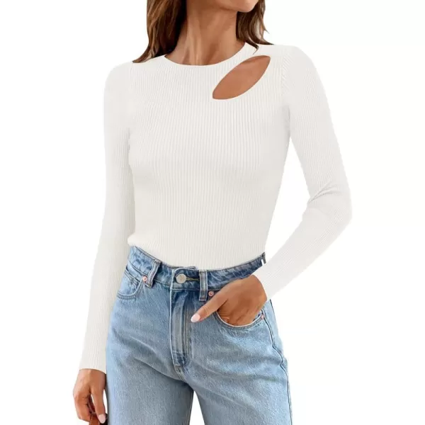 imageZESICA Womens 2024 Fall Fashion Long Sleeve Shirts Crewneck Cut Out Ribbed Knit Slim Fitted Sweater TopsWhite
