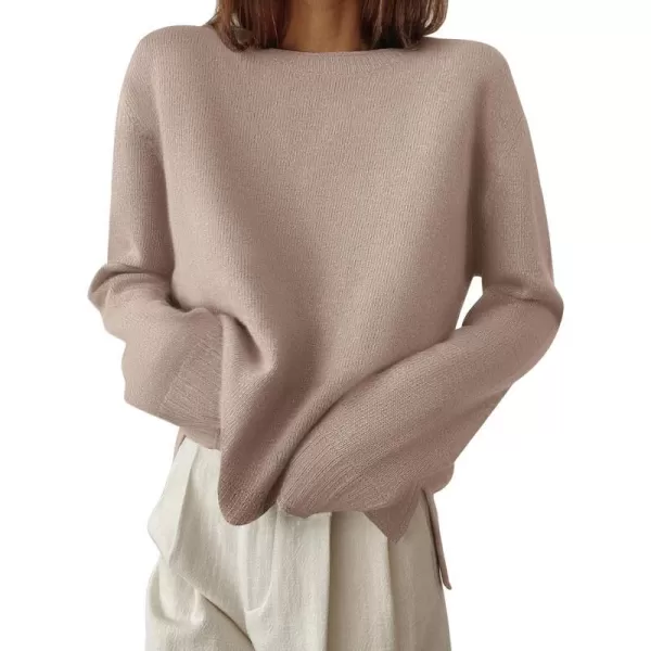 imageZESICA Womens 2024 Fall Long Sleeve Crew Neck Soft Knit Side Slit Comfy Loose Pullover Sweater Jumper TopsAlmond