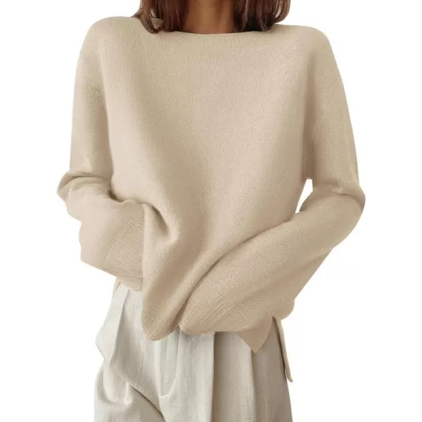 imageZESICA Womens 2024 Fall Long Sleeve Crew Neck Soft Knit Side Slit Comfy Loose Pullover Sweater Jumper TopsApricot