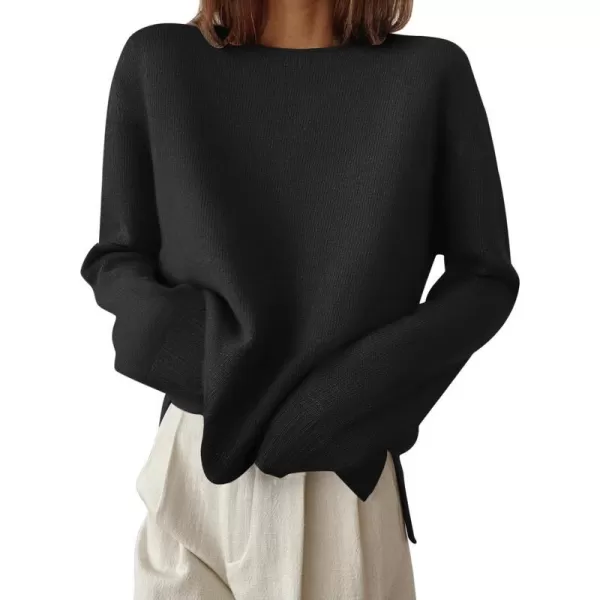 imageZESICA Womens 2024 Fall Long Sleeve Crew Neck Soft Knit Side Slit Comfy Loose Pullover Sweater Jumper TopsBlack