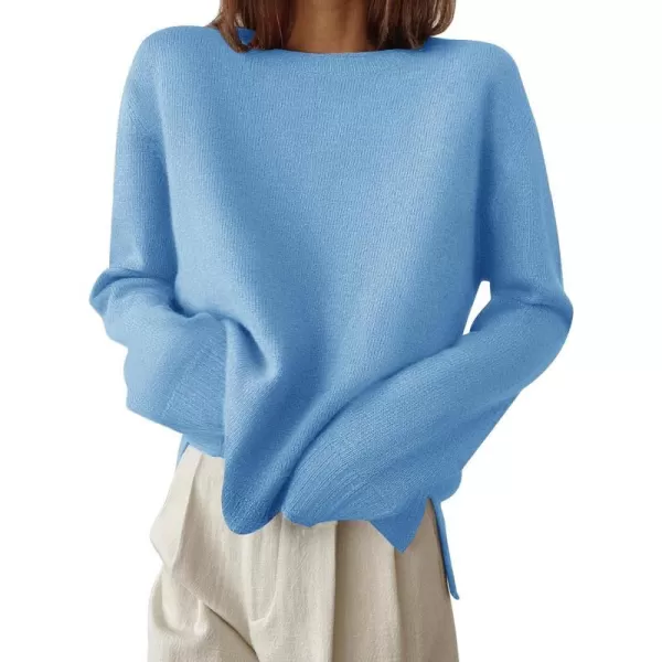 imageZESICA Womens 2024 Fall Long Sleeve Crew Neck Soft Knit Side Slit Comfy Loose Pullover Sweater Jumper TopsBlue