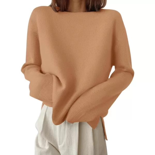 imageZESICA Womens 2024 Fall Long Sleeve Crew Neck Soft Knit Side Slit Comfy Loose Pullover Sweater Jumper TopsCamel