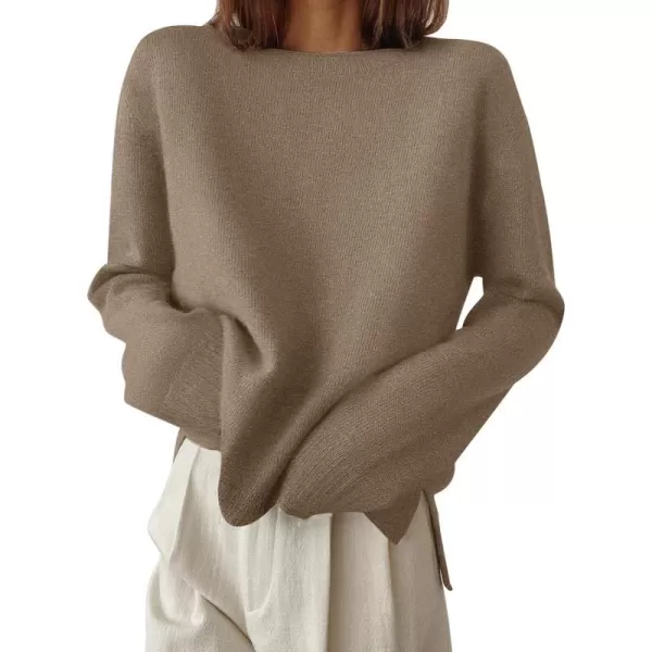 imageZESICA Womens 2024 Fall Long Sleeve Crew Neck Soft Knit Side Slit Comfy Loose Pullover Sweater Jumper TopsMocha