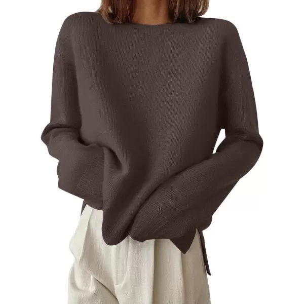 imageZESICA Womens 2024 Fall Long Sleeve Crew Neck Soft Knit Side Slit Comfy Loose Pullover Sweater Jumper TopsNutmeg