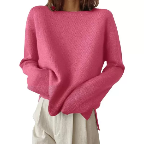 imageZESICA Womens 2024 Fall Long Sleeve Crew Neck Soft Knit Side Slit Comfy Loose Pullover Sweater Jumper TopsRose